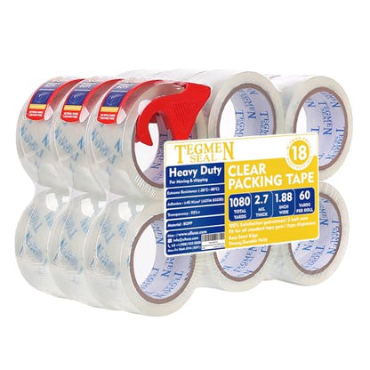 Heavy Duty Clear Packing Tape with Dispenser Combo for Shipping, Moving & Storage,Thicker Clear Packing Tape, 1.88 inches Wide, 60 Yards Per Roll, 18 Pack 1080 Total Yards - size: 18-Pack