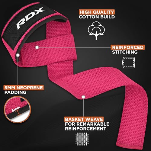RDX Lifting Straps for Weightlifting –100% Cotton Heavy Duty Gym Wrist Strap with 5MM Neoprene Padding, 60CM Anti-Slip Hand Grip Wraps for Deadlifts Powerlifting Workouts Strength Training, Men Women - color: Pink
