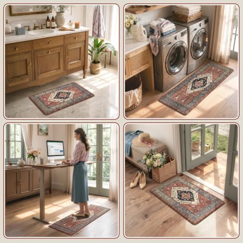 KIMODE Farmhouse Kitchen Mats, Anti Fatigue Kitchen Rugs Sets of 2 Red - color: Red Floral, size: 17.3" x 47 "+ 17.3" x 29 "--0.47 inches