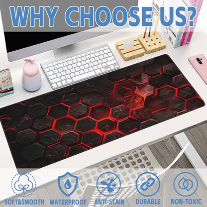 Large Gaming Mouse Pad for Desk,Red Honeycomb Science Technology Desk Mat,Honeycomb Hexagon Desk Pad,Extended Big Computer Keyboard Mouse Pad with Non-Slip Base Stitched Edges 31.5"x11.8" - color: Red Honeycomb Science Technology, size: 11.8" x 31.5"