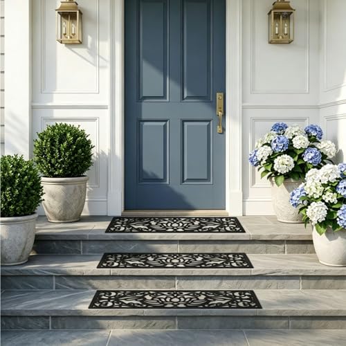 YOUEON 4 Pcs Rubber Stair Treads Non-Slip for Indoor & Outdoor Stairs, 29 x 9.5 Inch Heavy Duty Decorative Step Mats with Assembly Kits, Weather Resistant, Easy to Clean, Lotus Cutout, Black