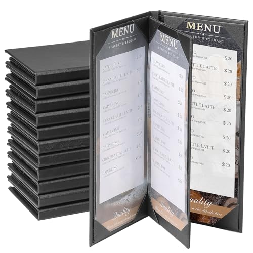 12 Pack 4 View Menu Holder Menu Covers 4.25" x 11" | Black Leather Menu Sleeves Book Style for Restaurant Coffee Bars Wine List - size: 4 View