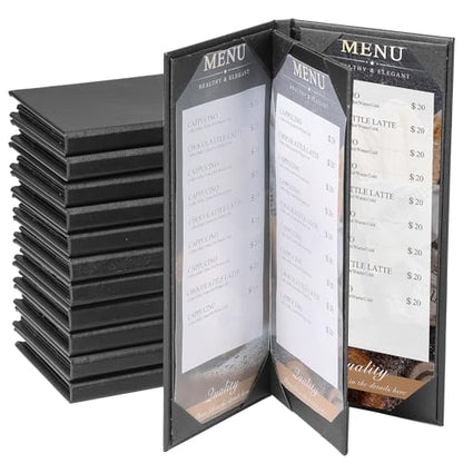 12 Pack 4 View Menu Holder Menu Covers 4.25" x 11" | Black Leather Menu Sleeves Book Style for Restaurant Coffee Bars Wine List - size: 4 View