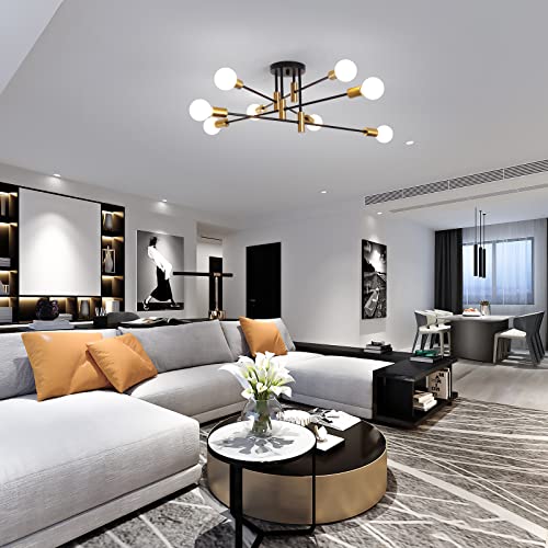 Garwarm 8-Light Black and Gold Sputnik Ceiling Light,Mid Century Semi Flush Mount Sputnik Chandelier Industrial Ceiling Lamp for Kitchen Dining Room Bedroom Foyer Entryway Hallway - color: 8-Lights,Black and Gold-2