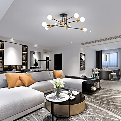 Garwarm 8-Light Black and Gold Sputnik Ceiling Light,Mid Century Semi Flush Mount Sputnik Chandelier Industrial Ceiling Lamp for Kitchen Dining Room Bedroom Foyer Entryway Hallway - color: 8-Lights,Black and Gold-2