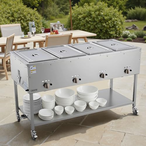 VEVOR 4-Pan Commercial Propane Steam Table, LP Gas Outdoor Soup Warmer with Drain Valve and 3" Wheels, Stainless Steel Propane Food Warmer with Independent Temp Control, for Restaurant Outdoor Camping - size: 4×1/1 Pan;96QT