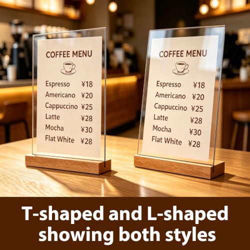 Acrylic Sign Holder with Wood Base, Dual Slot Design L/T Shape Tabletop Display Stand, Vertical Double-Sided & Slant Back Single-Sided Clear Acrylic Frame for Restaurant Menu, Retail Price Tag, Office Sign, Wedding Decoration (5x7 6Pack) - size: 5x7 6Pack