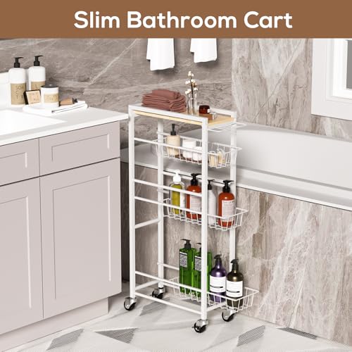 4 Tier Slim Rolling Storage Cart with Pull-Out Baskets, Narrow Sliding Storage Slim Laundry Cart Slim Rolling Kitchen Cart - color: White