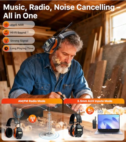 Digital AM/FM Radio Hearing Protection Earmuffs, 25 dB NRR - color: Am Fm Radio + Orange