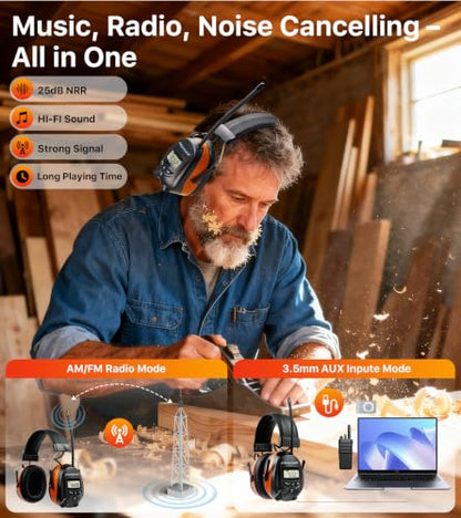Digital AM/FM Radio Hearing Protection Earmuffs, 25 dB NRR - color: Am Fm Radio + Orange