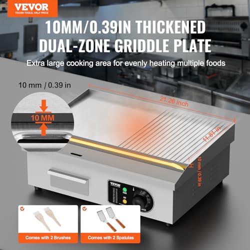VEVOR Commercial Electric Griddle, Countertop 22" Half Flat Top Griddle - size: 21.4"