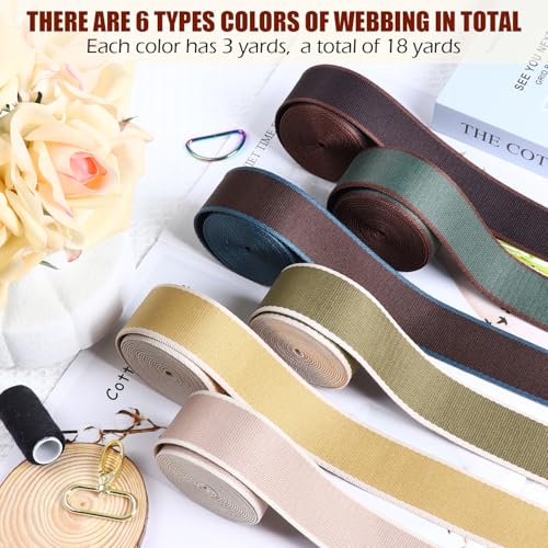 Webbing 1.5 Inch-6 Rolls Polycotton 1 1/2 inch Webbing Strap for Bag Making-1.5 "Cotton Striped Ribbon for Purse Backpack Luggage Straps 18 Yards - color: 02-Colorful-18 Yards