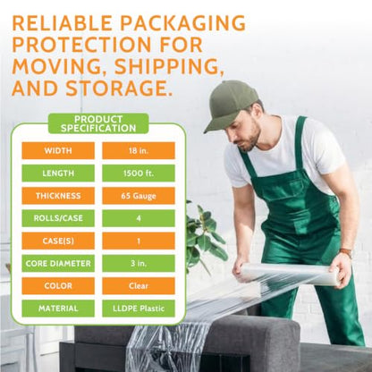 PSBM Cast Hand Plastic Stretch Wrap/Shrink Film 18" x 1500 Ft 65 GA 4 Rolls - size: 18 Inch, style: 65 GA