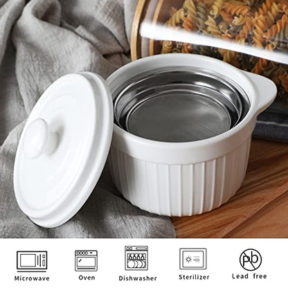 ONTUBE Ceramic Bacon Grease Container Keeper with Strainer 17oz, White - color: White
