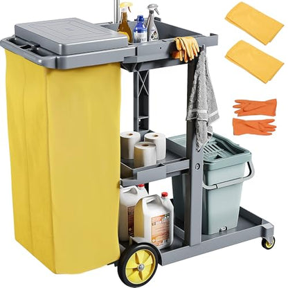 DWVO 3-Tier Janitorial Cart on Wheels, Grey Cleaning Housekeeping Cart - color: Gray