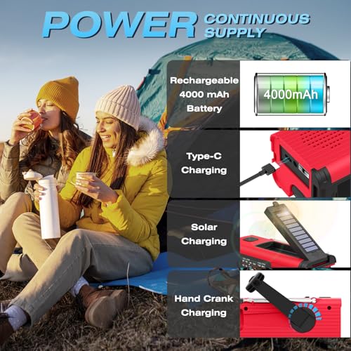 NITIGO Emergency Weather Radio, 4000mAh NOAA Weather Radio Solar Charging - color: Red, size: 4000mAh