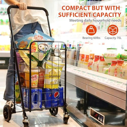 Siffler Grocery Shopping Cart with 360° Swivel Wheels Folding Utility Cart with Easily Collapsible Cart with Extended Foam Cover, Trolley for Laundry, Groceries, Travel (Black, Small) - size: Standard Small+No Bag
