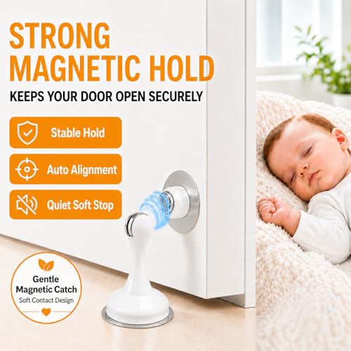 4 Pack Magnetic Door Stop No Drilling Door Stop with 3D Adhesive Tapes Keep Door Open Door Stainless Steel Screws for Stronger Mount (White) - color: White, size: 4 Pack