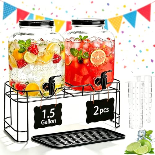 2 Pack 1.5 Gallon Large Glass Beverage Dispenser for Parties, Drink Dispenser with Stand, Lemonade Dispenser with Drip Tray for Iced Tea, Juice & Infused Water
