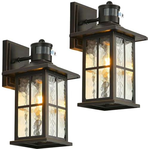 2 Pack Motion Sensor Outdoor Porch Lights Dusk Dawn Exterior Wall Lantern - color: Black(Gold Trim) 2-Pack