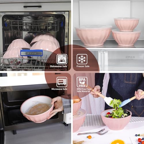 BoxedHome Mixing Bowls with Lids Set, 8 pieces Large 0.2” Thick Plastic Nesting Mixing Bowl, Microwave Safe,Size 5.92, 4.12,3.06,1.80 Quart, Pink - color: 8 PK Pink