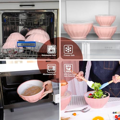 BoxedHome Mixing Bowls with Lids Set, 8 pieces Large 0.2” Thick Plastic Nesting Mixing Bowl, Microwave Safe,Size 5.92, 4.12,3.06,1.80 Quart, Pink - color: 8 PK Pink
