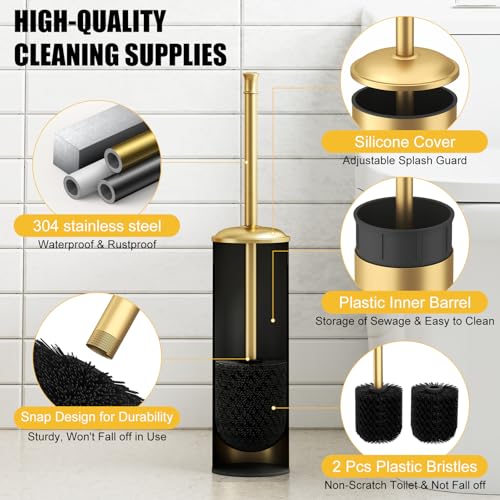 BESy Toilet Brush and Holder, Toilet Cleaner Bowl Set with Two Brush with Extra Long Handle, Durable Bristles Toilet Scrubber and Covered Holder, Drip-Proof Stainless Steel Brushed Gold - color: Brushed Gold
