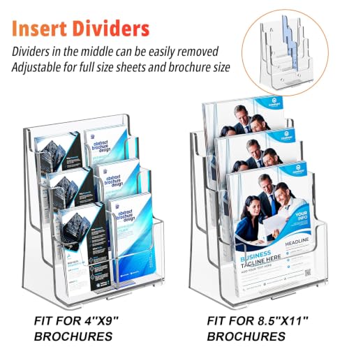 FUCDTEFC 2 Pack Acrylic Brochure Holder 8.5x11 & 4 x9 Inches Universal, Clear 3 Tier Magazine Stand Brochure Display Stand w Removable Divider, Literature Flyer Holder for Wall Mount or Countertop - size: 2 Pack 3-Tier Brochure Holder