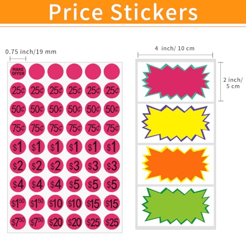 Yard Sale Price Stickers Garage Sale Pre-Priced Price Tag Labels, 2160 PCS 3/4" Diameter and 20 Large Stickers Flea Market Pre-Printed Pricing Sticker for Retail - color: 4 Colors, size: 0.75 inch-permanent