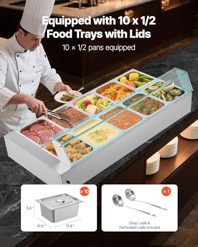 VEVOR Commercial Food Warmer, 1700W Electric Stainless Steel Steam Food Warmer with Glass Cover, 10-Pan Countertop Buffet Bain Marie with Soup & Perforated Ladles, for Catering, Restaurant & Party - size: 10x1/2Pan;120QT