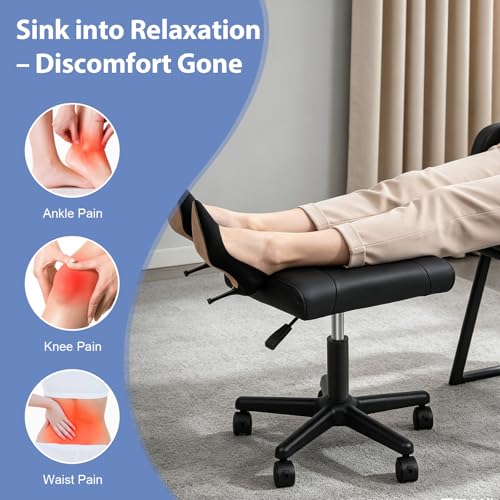 Footrest Stool Under Desk, Adjustable Height Leg Rest Ottoman, 360° Rolling Ergonomic Foot Stool with 5 Lockable Wheels for Home Office Salons, Black