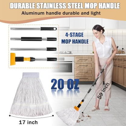 Commercial Mop Heavy Duty Industrial Mop with 2 Extra20oz Large Replacement Heads,60" Long Handle Heavy Duty Industrial Mops for Hardwood Wood Tile Vinyl - Reusable Cotton Head for Floor Cleaning