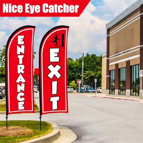 Buryeah Set of 2 Entrance Exit Feather Flag 7 ft Entrance Exit Swooper Flag with Pole Kit and Ground Spike for Business Advertising Banner Sign for Outside(Red) - color: Red