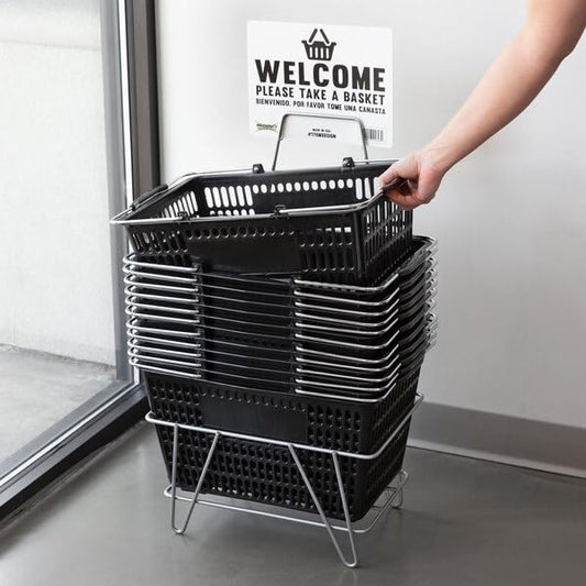 Black Plastic Shopping Basket with Steel Handles, 18 11/16 x 12 3/8 Inch, 32L Capacity, 55 lb Weight Limit, Stackable Design for Grocery Market