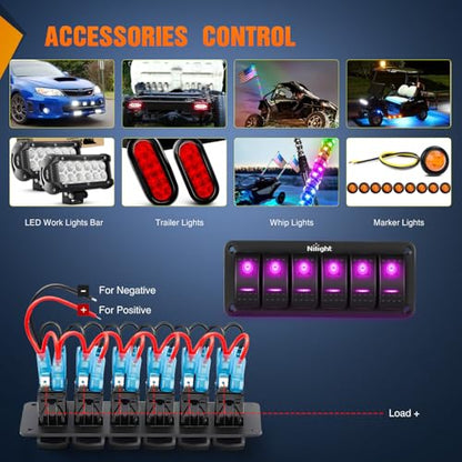Nilight 6 Gang Rocker Switch Panel w/Purple LED Light 5Pin On Off Pre-Wired - color: Purple, size: 6 Gang
