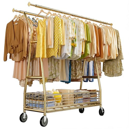 Raybee Gold Clothing Rack, 630LBS, Double Rods with Storage Basket - color: Gold, style: Double Rods