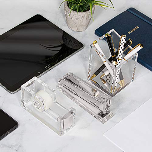 Punch & Stick | Stationery & Desk Accessories | Pen Holder, Stapler & Tape Dispenser | Silver & Clear Acrylic Lucite | Office Desk Accessories | Office Gift Set - color: Silver