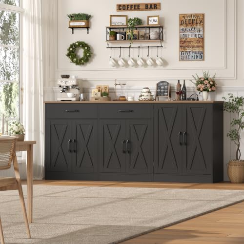 HOSTACK 71" W Kitchen Buffet Cabinet with Storage, Large Coffee Bar Cabinet - color: Black