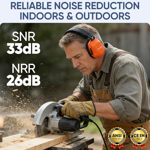 TICONN Noise Cancelling Ear Muffs for Adults, SNR 33dB Hearing Protection, Adjustable Safety Earmuffs for Construction - color: Bright Orange