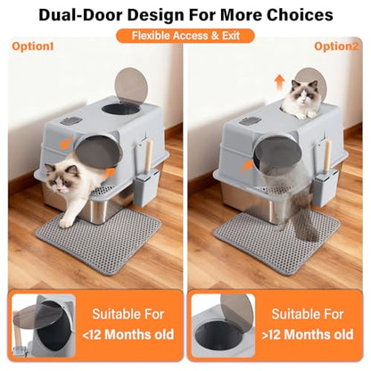 Stainless Steel Litter Box with Lid,Extra Large Enclosed cat Litter Box - color: Enclosed-XL