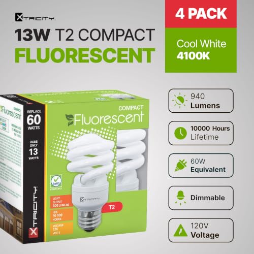 Xtricity Compact Fluorescent Light Bulbs T2 Spiral, E26 Base (4 Pack) - color: 4100k Cool White