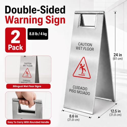 2 Pack Wet Floor Signs 24 Inch Stainless Steel Caution Sign Silver - color: Silver