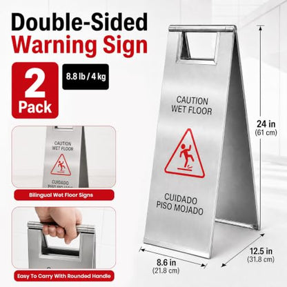 2 Pack Wet Floor Signs 24 Inch Stainless Steel Caution Sign Silver - color: Silver