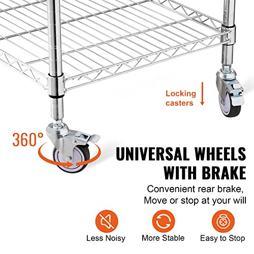VEVOR Kitchen Utility Cart, 36.6"x20"x24" 3 Tiers Wire Rolling Cart, 470LBS Capacity Steel Service Cart with Brake Wheels, Storage Trolley with 76mm Basket PP Liner 6 Hooks, for Indoor & Outdoor Use - size: 24"D x 20"W x 36.6"H, style: Drawer Cart