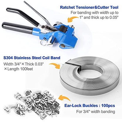 Steel Banding Strapping Kit - Stainless Banding Tool Ratchet Tensioner, 3/4"*100Ft S304 Stainless Banding Coil, 100pcs Ear-Lock Buckles, Metal Banding Tools for Strapping High Tensile Package