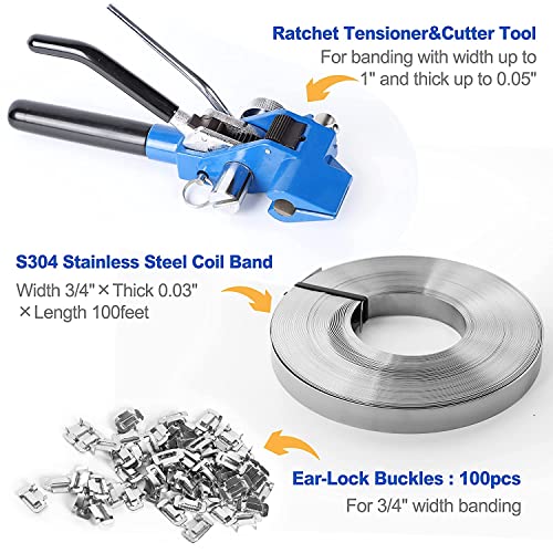 Steel Banding Strapping Kit - Stainless Banding Tool Ratchet Tensioner, 3/4"*100Ft S304 Stainless Banding Coil, 100pcs Ear-Lock Buckles, Metal Banding Tools for Strapping High Tensile Package