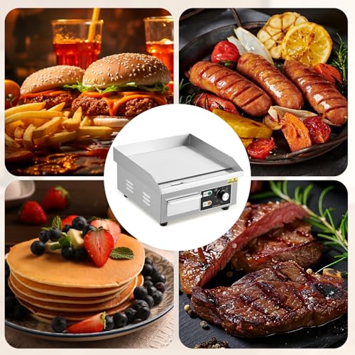 Commercial Electric Griddle 14 Inch – 1500W Stainless Steel, Non-Stick Flat Top Teppanyaki Grill, Adjustable Temp 50°C-300°C (122°F-572°F), Includes 2 Shovels & 2 Brushes, Countertop
