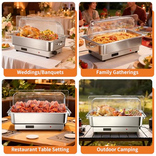 9 Qt Electric Chafing Dish Buffet Set, Stainless Steel Food Warmer with Roll Top Clear Lid, Adjustable Temperature Control, 1x1/1 Size Pans, Commercial Buffet Server for Catering, Parties & Events - size: 1x1/1 Size