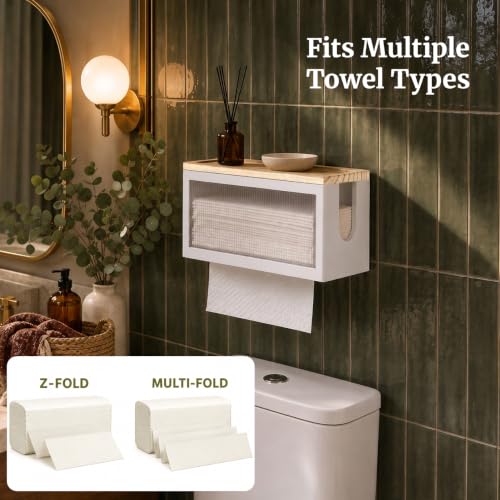 Wooden Paper Towel Holder with Lid & Acrylic Window Wall Mounted - color: White Acrylic