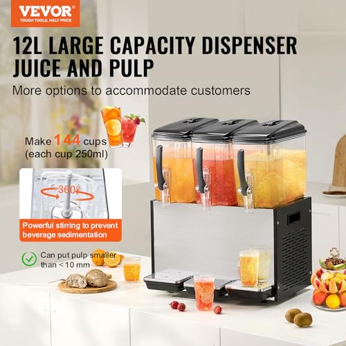 VEVOR Commercial Beverage Dispenser, 3 Tanks 12 L / 12.7 QT Per Tank Juice Dispenser, 370W Stainless Steel Ice Tea Drink Machine with 45°F-54°F Cooling Temperature, for Cold Drink Restaurant Bar Party